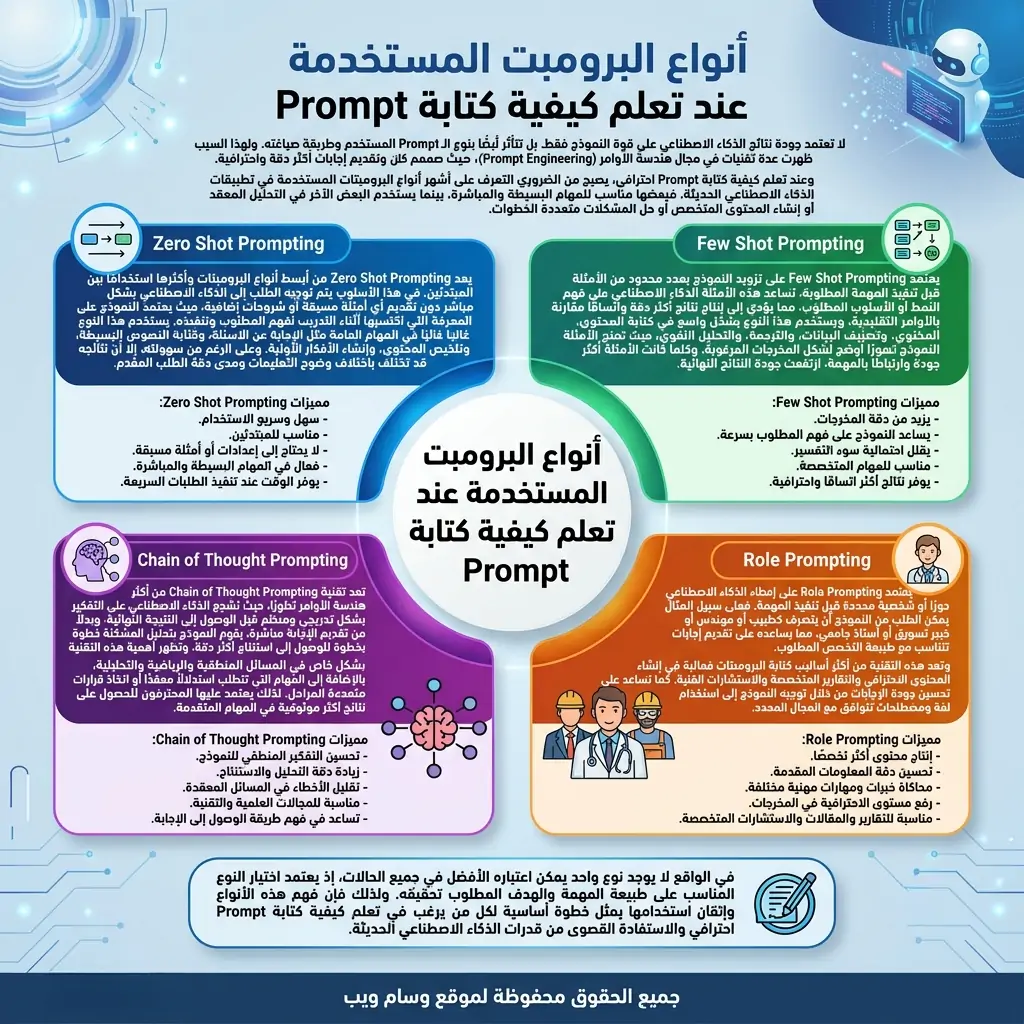 أنواع البرومبت المستخدمة عند تعلم كيفية كتابة Prompt