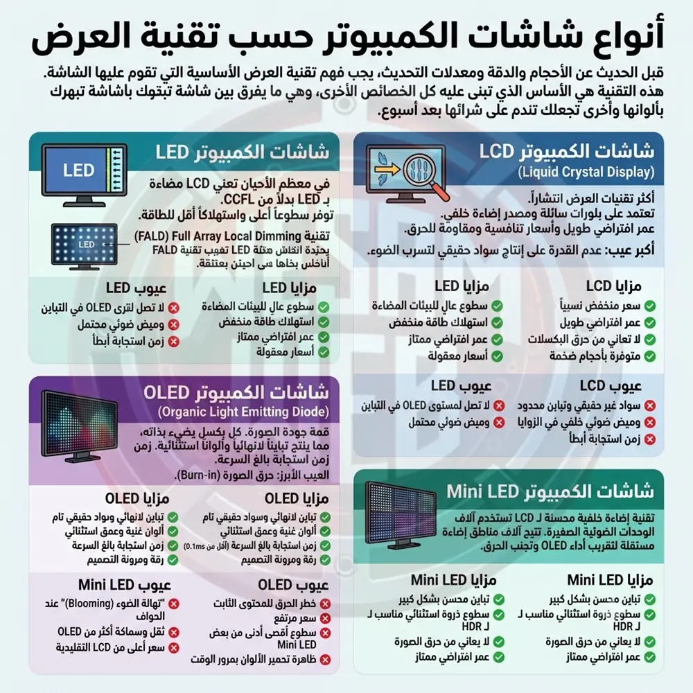 أنواع شاشات الكمبيوتر حسب تقنية العرض