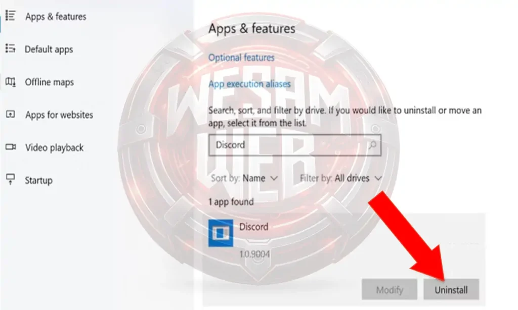 إصلاح فشل تحديث ديسكورد : إزالة ديسكورد من Windows 10