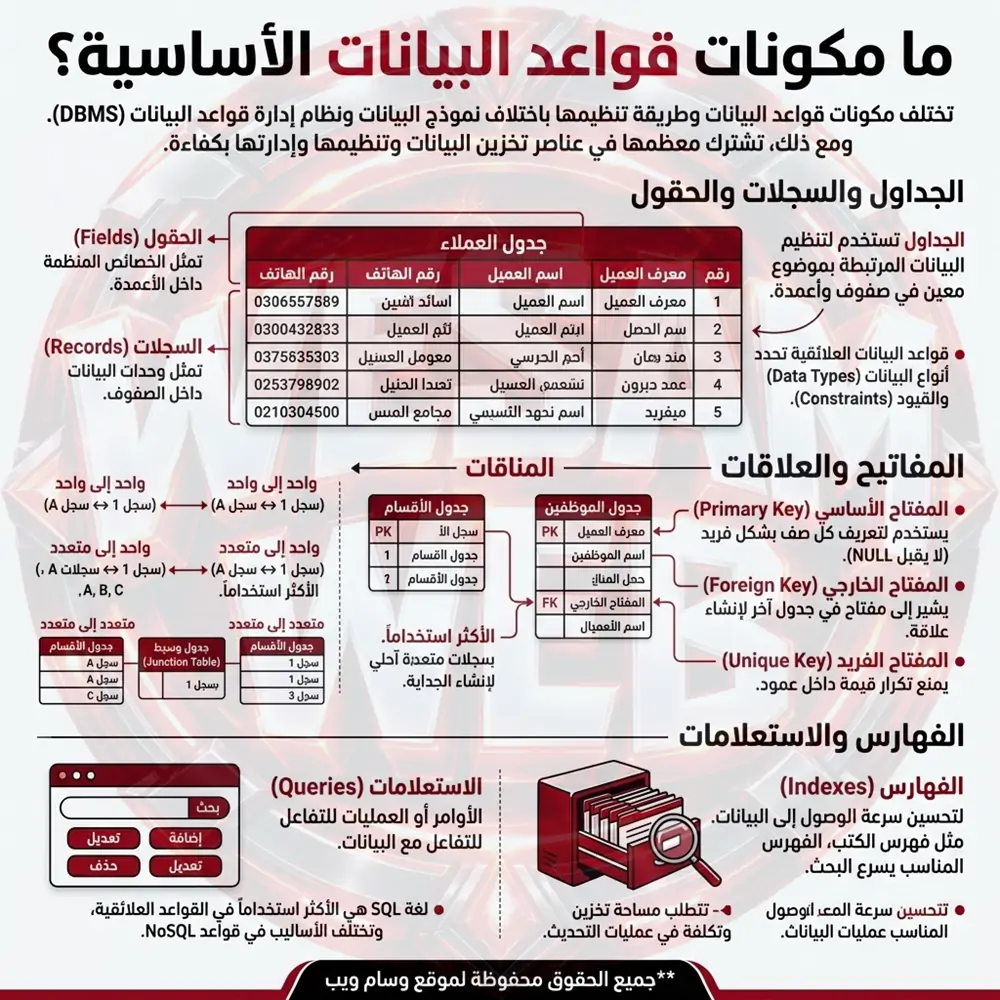 ما مكونات قواعد البيانات الأساسية؟