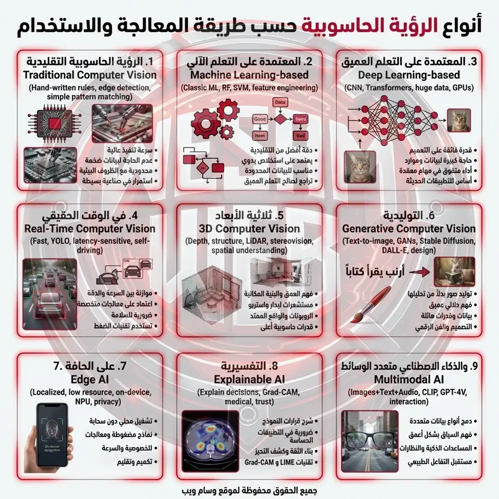أنواع الرؤية الحاسوبية حسب طريقة المعالجة والاستخدام